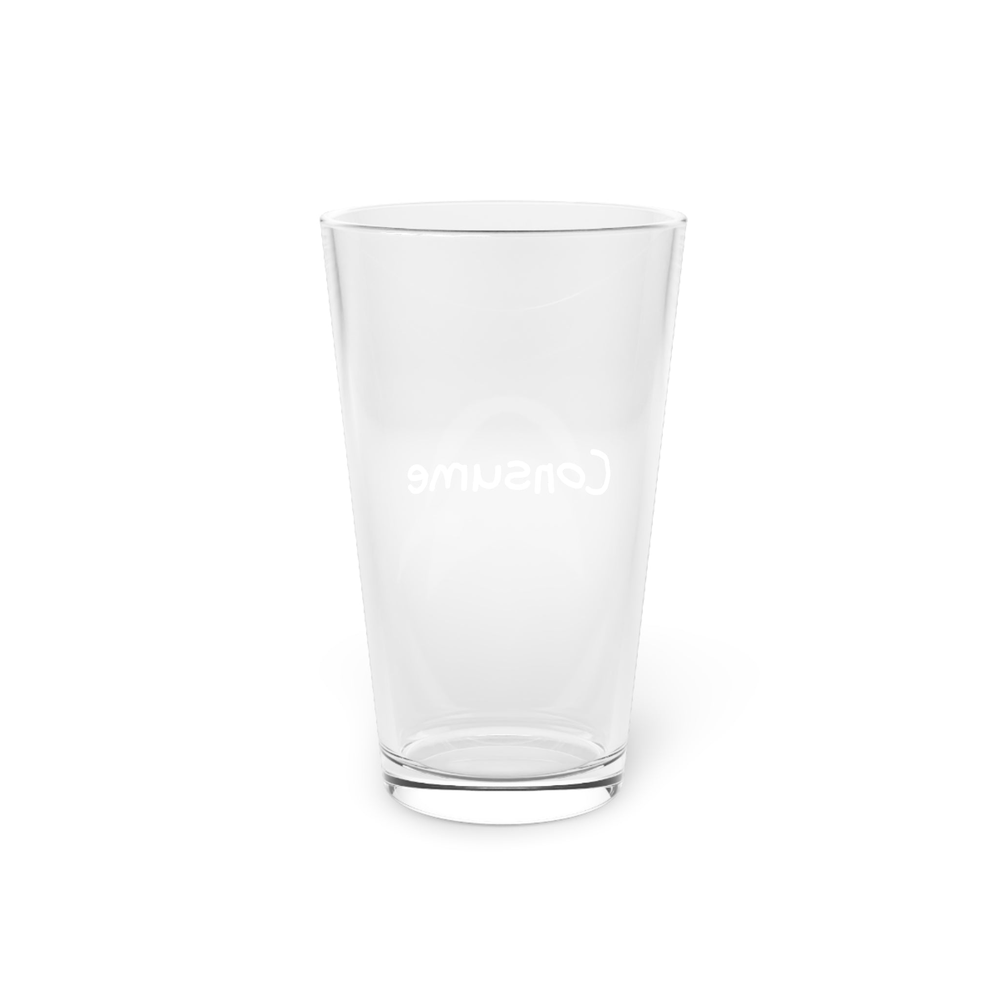 16 oz Consume Pint Glass showcasing its clear design and custom printing options, perfect for beverages.