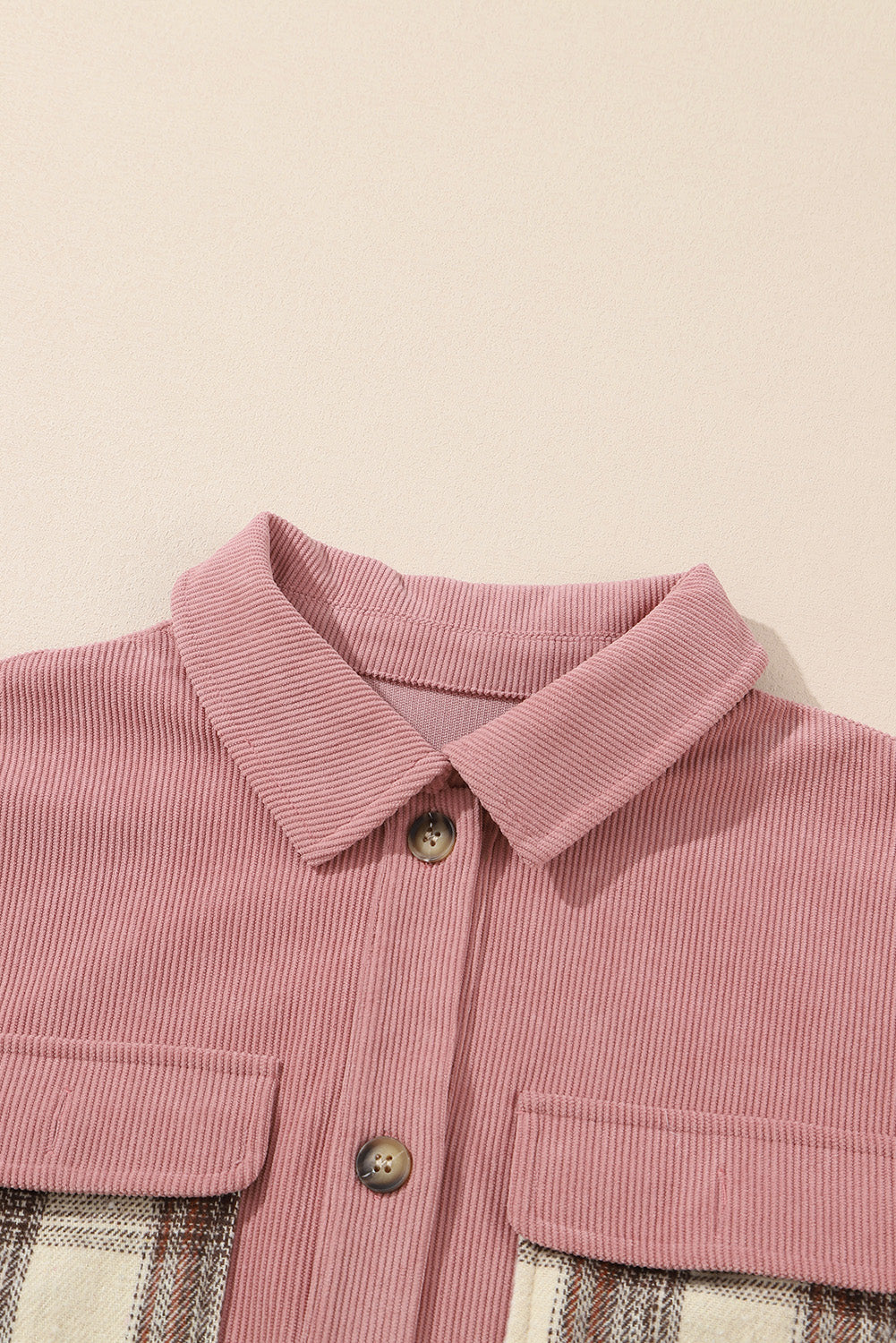 Plaid Corded Patchwork Flap Pocket Shacket featuring a turn-down collar and double flap pockets, perfect for fall layering.