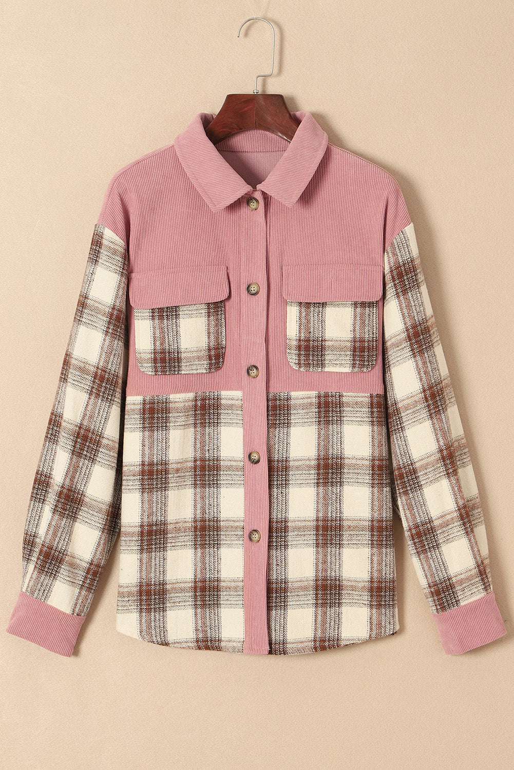 Plaid Corded Patchwork Flap Pocket Shacket featuring a turn-down collar and double flap pockets, perfect for fall layering.