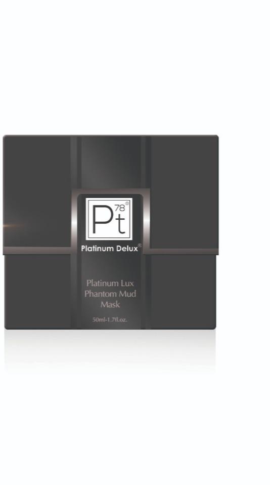 Platinum Lux Phantom Mud Mask in a jar, showcasing its thick, earthy texture, ideal for rejuvenating and hydrating the skin.