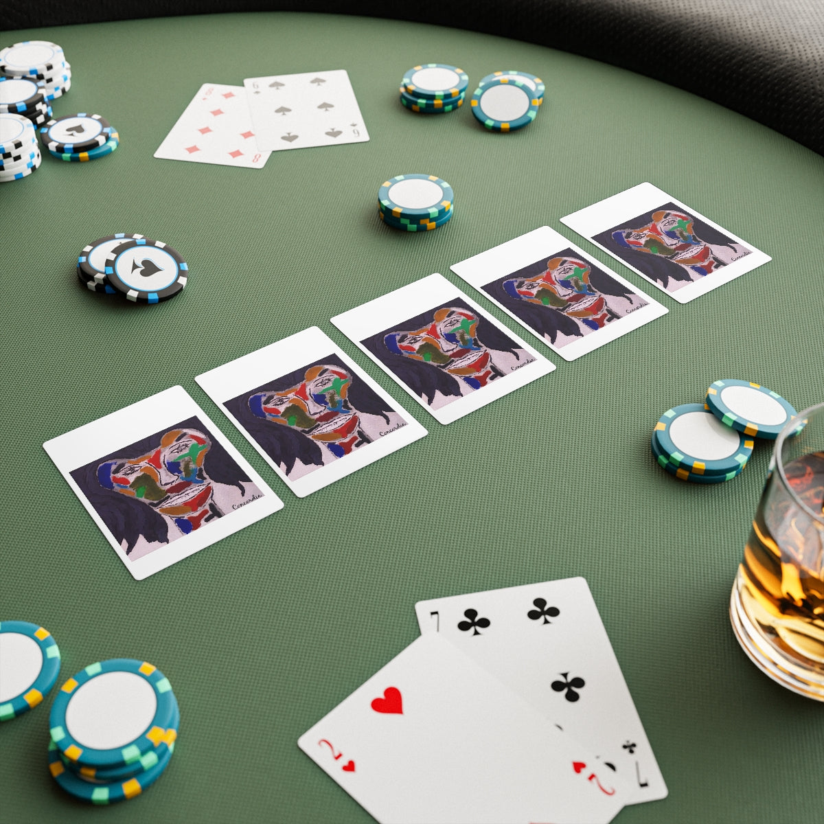 A set of personalized poker cards featuring a glossy finish, durable 300gsm paper, and a customizable back design, neatly packaged in a white box.