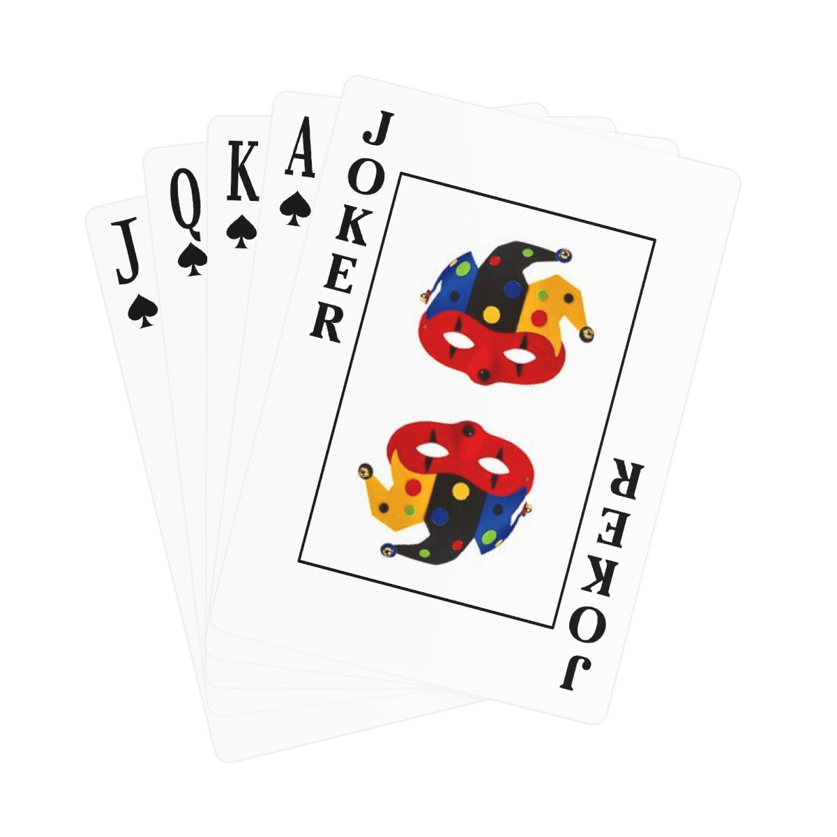 A set of personalized poker cards featuring a glossy finish, durable 300gsm paper, and a customizable back design, neatly packaged in a white box.