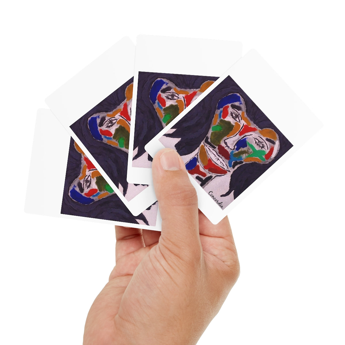 A set of personalized poker cards featuring a glossy finish, durable 300gsm paper, and a customizable back design, neatly packaged in a white box.