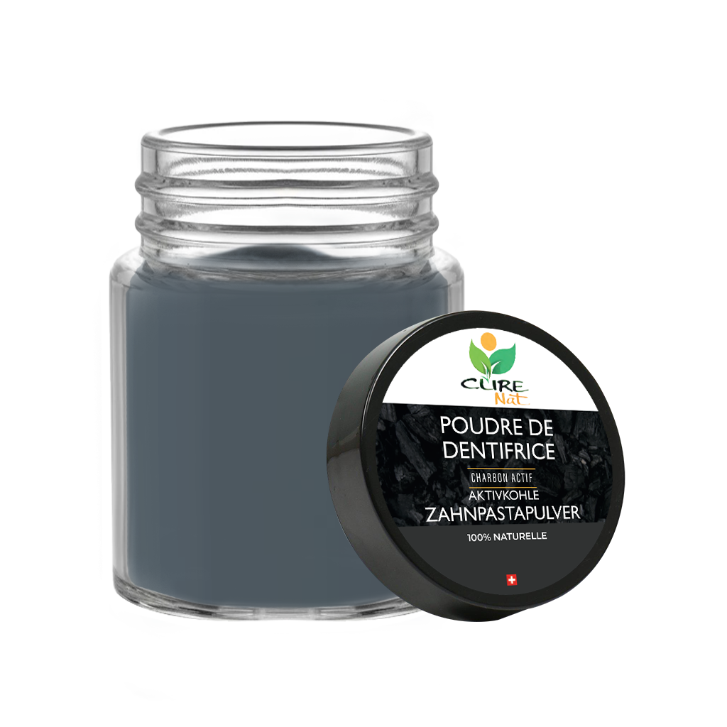 Poudre de Dentifrice au Charbon Actif in a small jar with a wooden scoop, showcasing its natural ingredients.