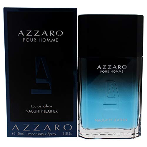 Azzaro Pour Homme Naughty Leather Eau de Toilette bottle with a sleek design, showcasing its luxurious leather-inspired fragrance.