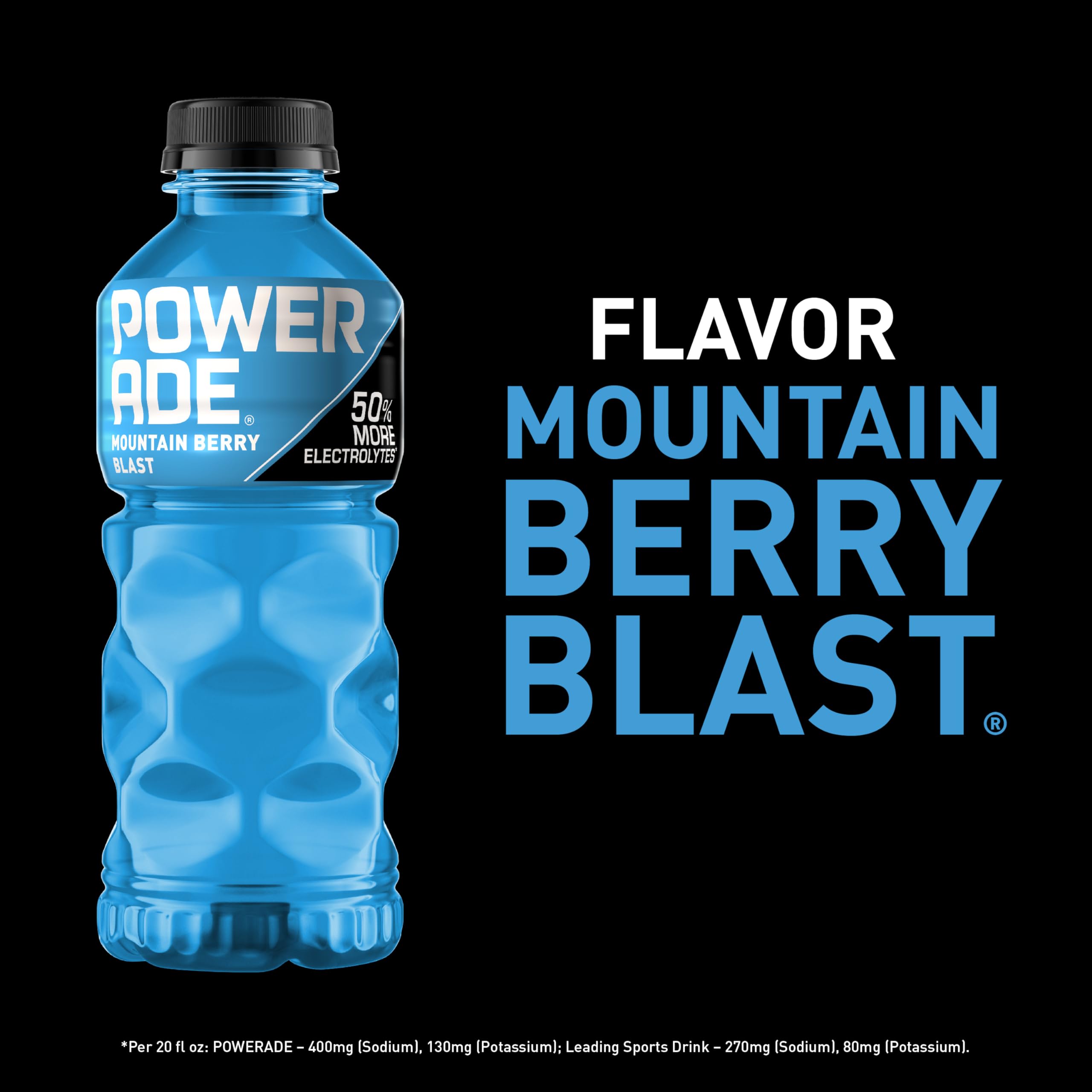 POWERADE Sports Drink Mountain Berry Blast, 20 Ounce can, showcasing vibrant berry colors and branding.