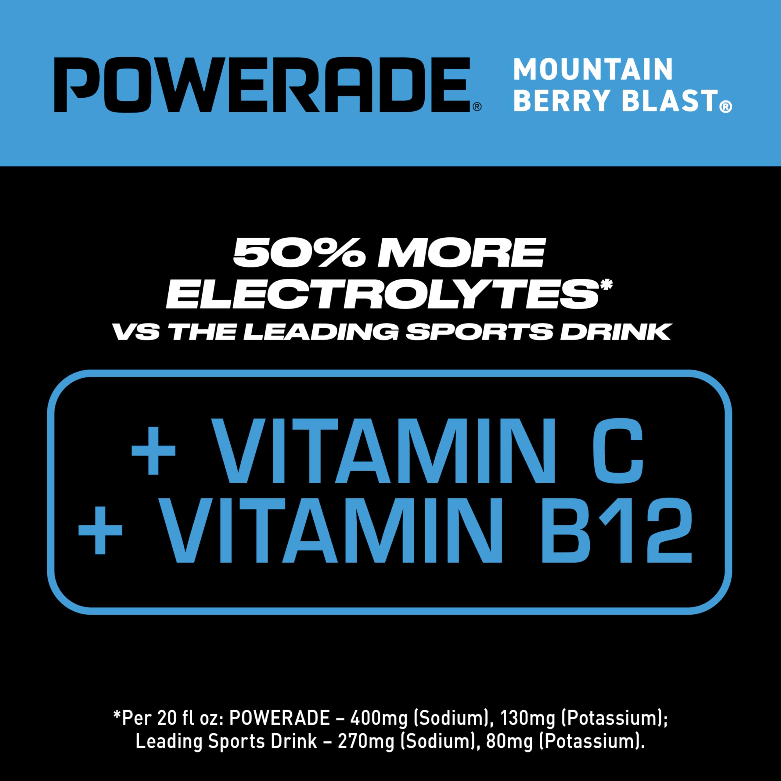 POWERADE Sports Drink Mountain Berry Blast, 20 Ounce can, showcasing vibrant berry colors and branding.
