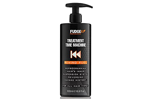 Fudge Professional Time Machine Rewind Fuel Hair Treatment bottle with a sleek design, showcasing its nourishing formula for revitalizing hair.