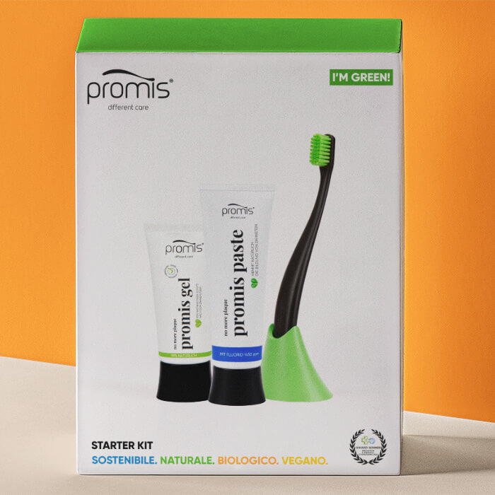 Promis Starter Kit featuring eco-friendly toothbrush, toothpaste, tartar gel, and bioplastic holder for natural oral hygiene.