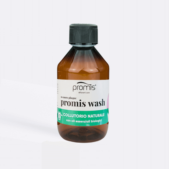 Promis Wash natural mouthwash bottle with organic essential oils, showcasing its eco-friendly packaging and Italian design.