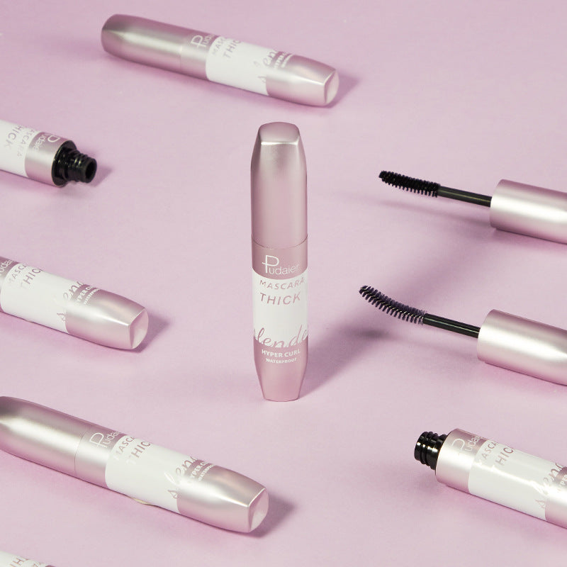 Pudaier Thick Curling Waterproof Slender Mascara tube with a slender brush, showcasing its elegant design and waterproof features.