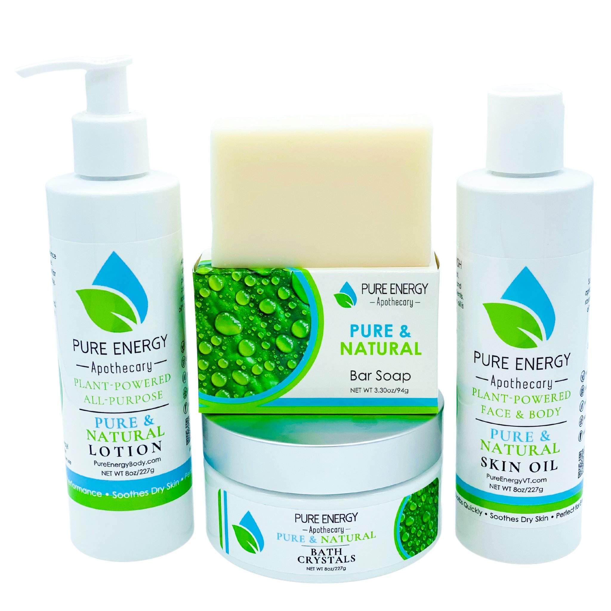 Pure & Natural Love Bundle featuring lotion, soap, skin oil, and bath crystals in eco-friendly packaging.