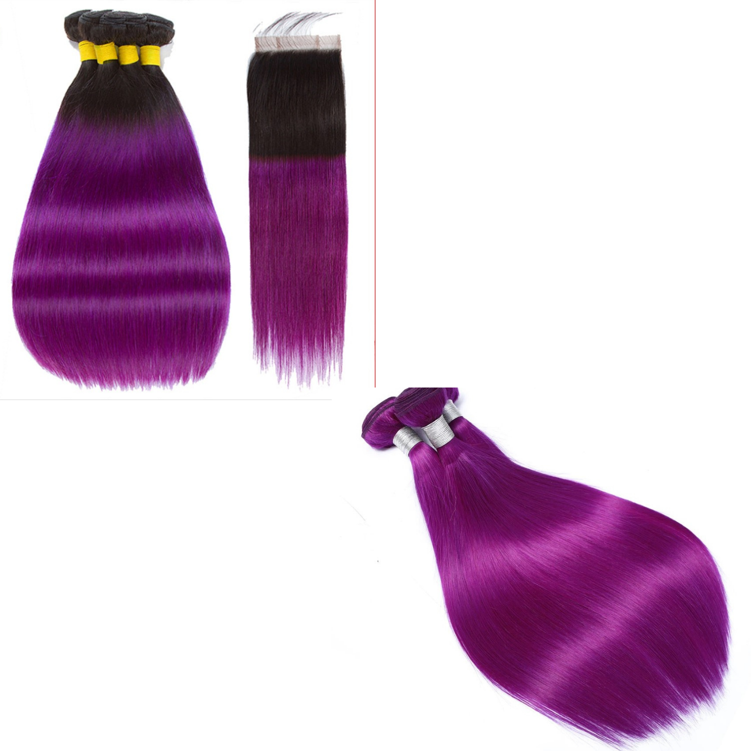 Purple 10A Grade Silver #1B/Purple 3/4 Straight Bundles with Closure displayed elegantly, showcasing vibrant color and texture.