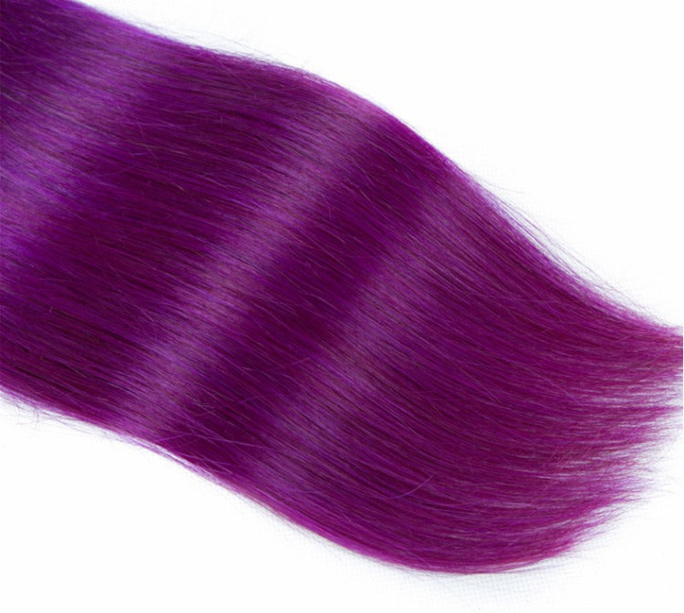 Purple 10A Grade Silver #1B/Purple 3/4 Straight Bundles with Closure displayed elegantly, showcasing vibrant color and texture.