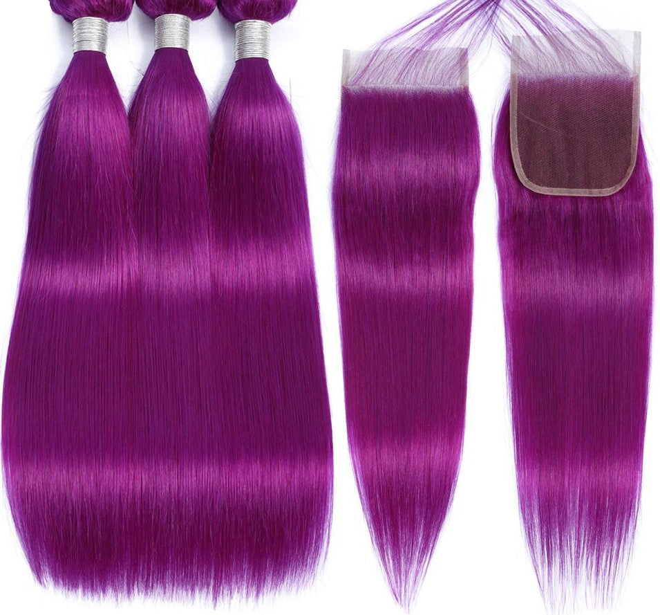 Purple 10A Grade Silver #1B/Purple 3/4 Straight Bundles with Closure displayed elegantly, showcasing vibrant color and texture.