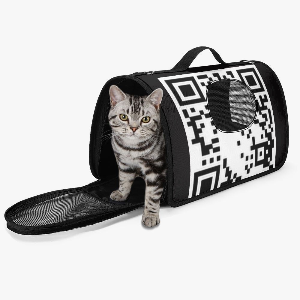 QR Code Pet Carrier Bag made of durable polyester, featuring a stylish design and spacious interior for comfortable pet transport.