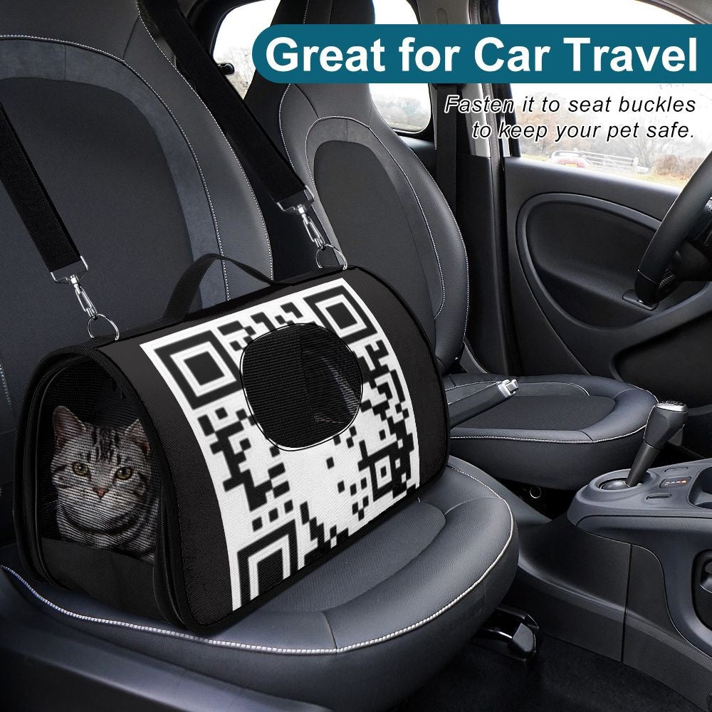 QR Code Pet Carrier Bag made of durable polyester, featuring a stylish design and spacious interior for comfortable pet transport.