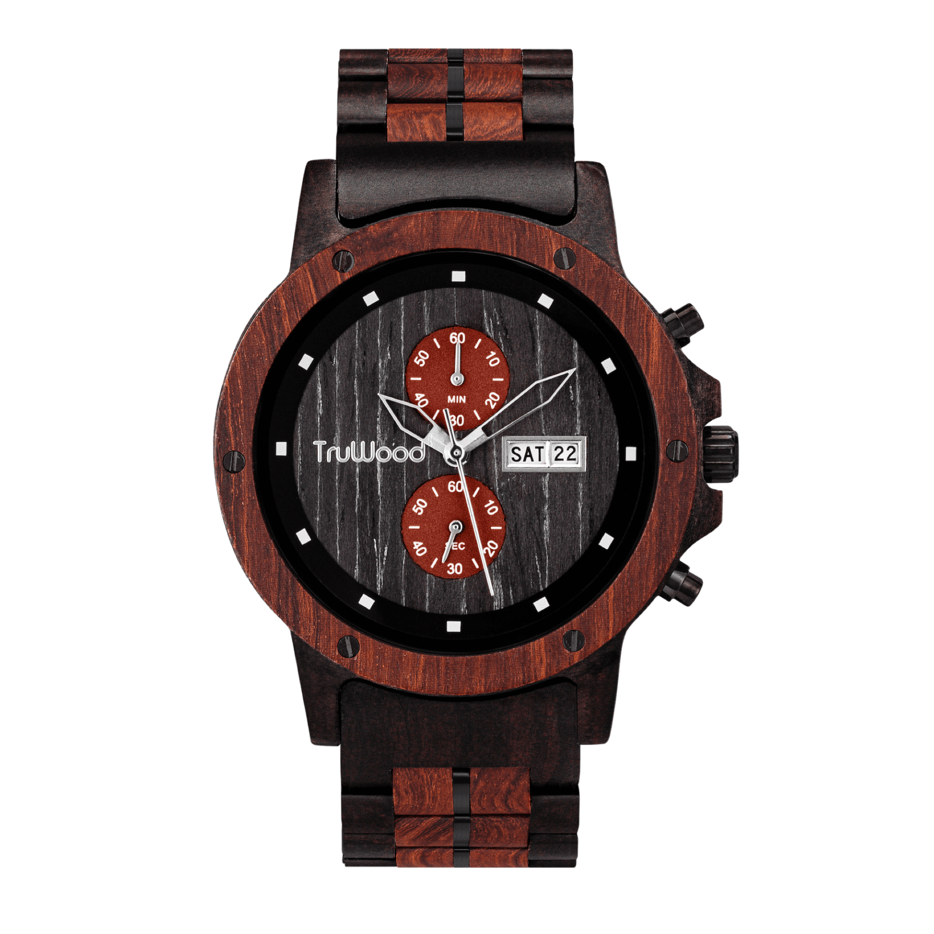 Ragna Wrist Watch featuring a red sandalwood bezel and black stainless steel band, showcasing its unique design and craftsmanship.