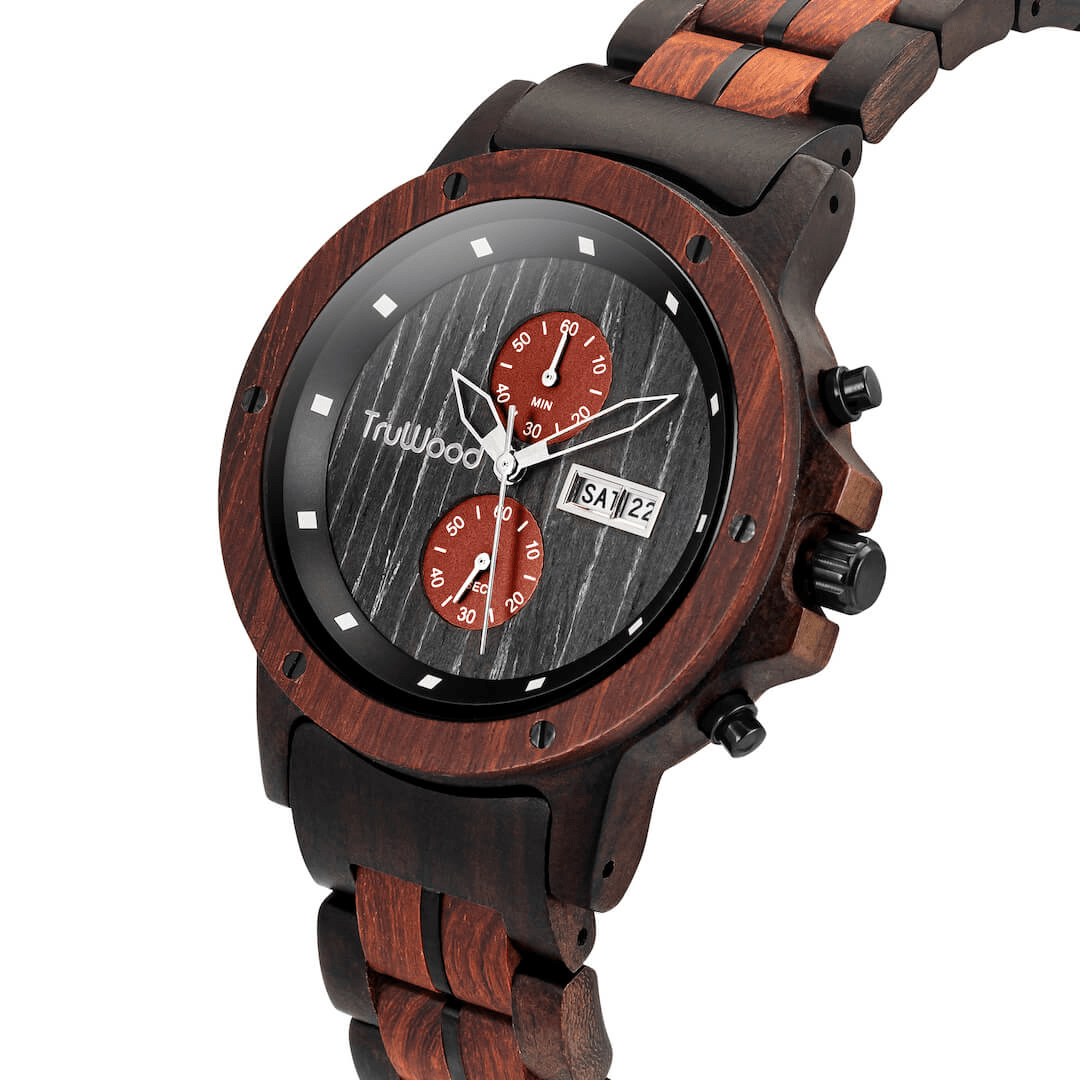 Ragna Wrist Watch featuring a red sandalwood bezel and black stainless steel band, showcasing its unique design and craftsmanship.