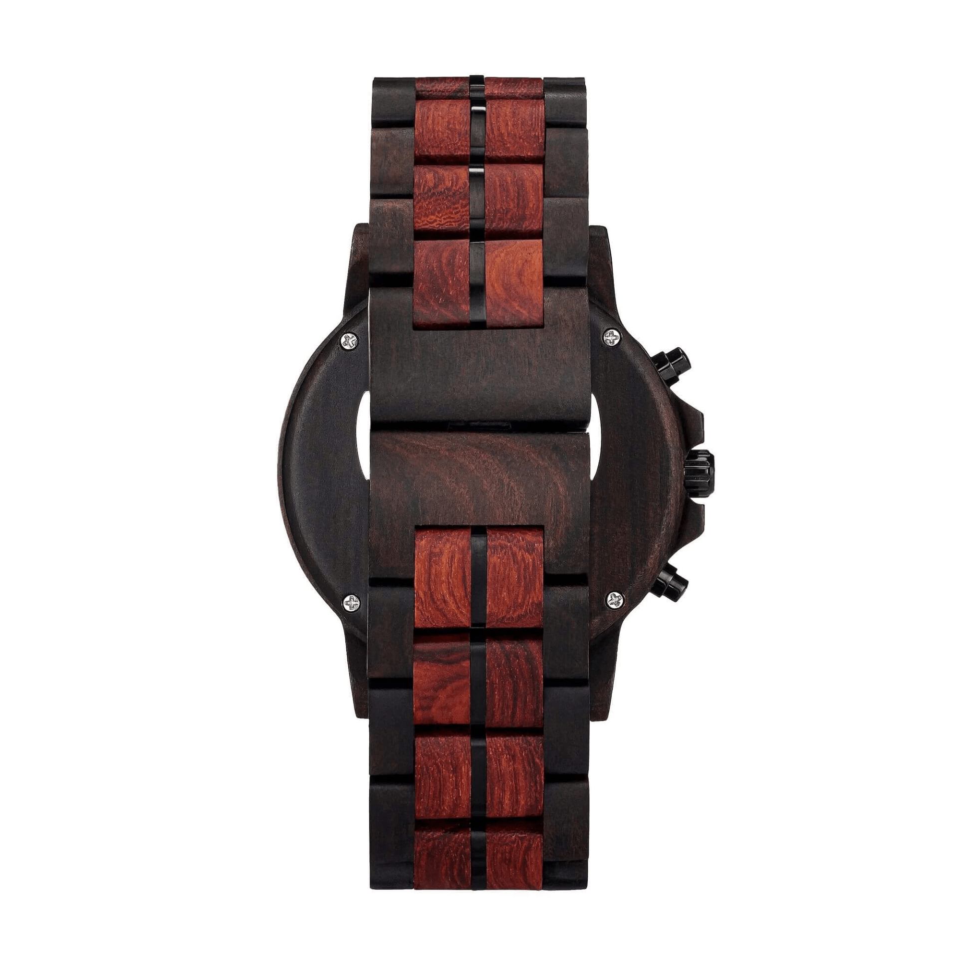 Ragna Wrist Watch featuring a red sandalwood bezel and black stainless steel band, showcasing its unique design and craftsmanship.