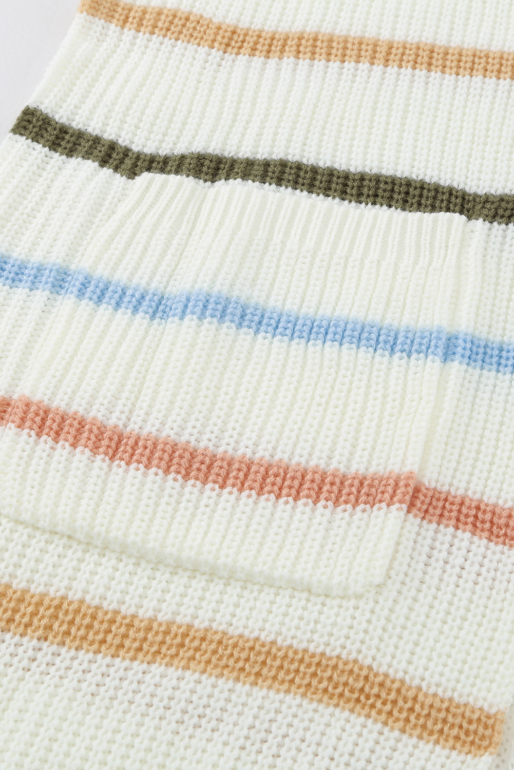 A cozy Rainbow Striped Cardigan featuring vibrant colors and a soft texture, perfect for layering in any season.