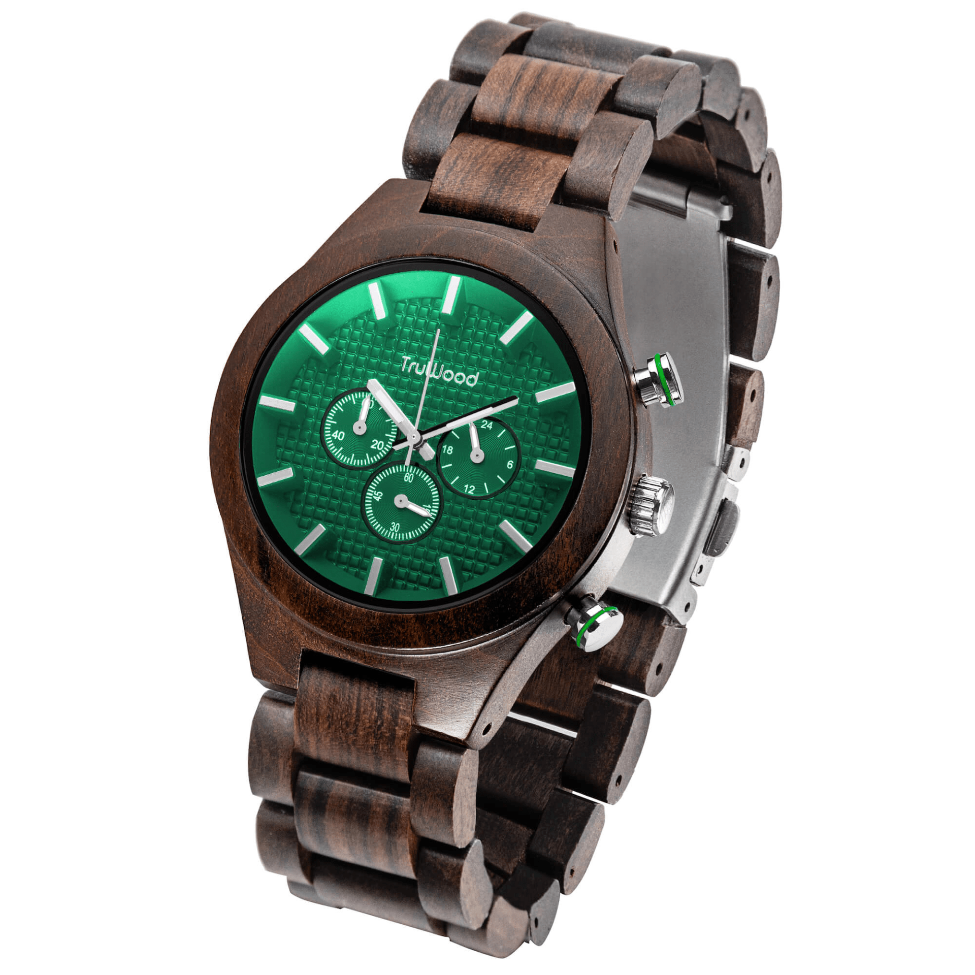 TruWood Ranger Wrist Watch featuring a black sandalwood case and green chronograph dial with sub dials.