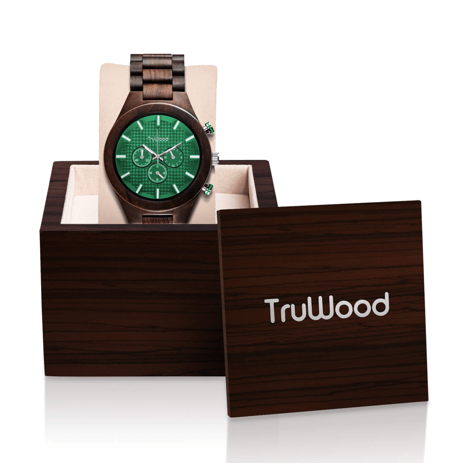 TruWood Ranger Wrist Watch featuring a black sandalwood case and green chronograph dial with sub dials.