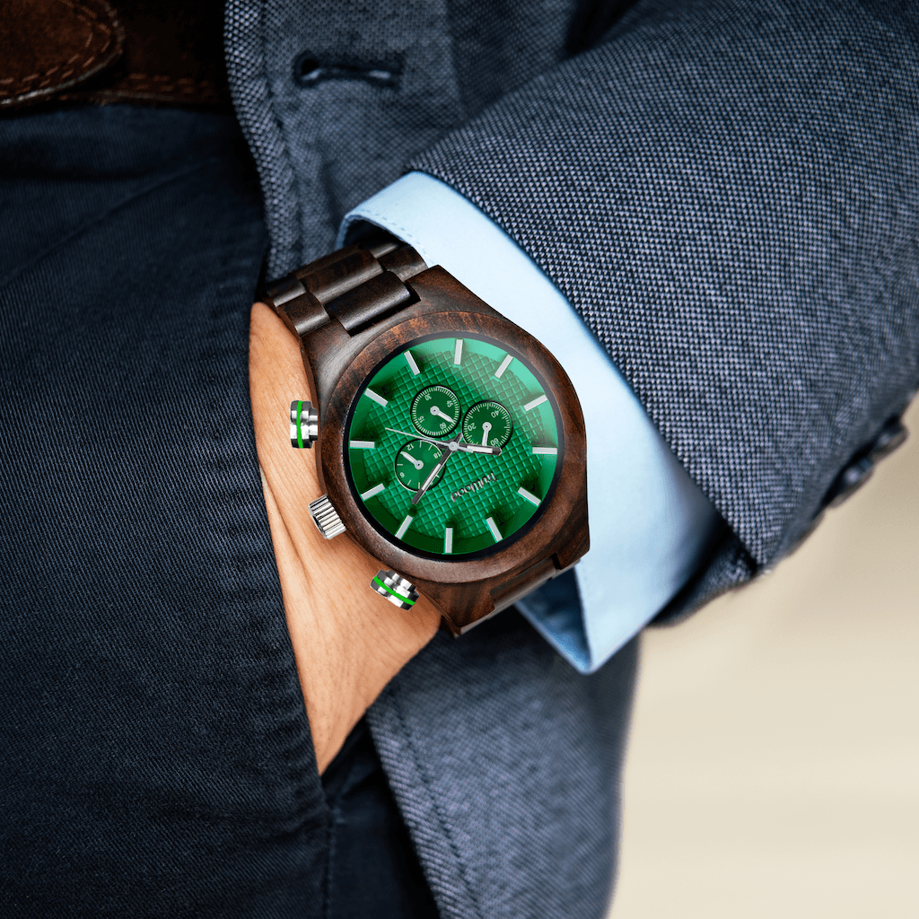 TruWood Ranger Wrist Watch featuring a black sandalwood case and green chronograph dial with sub dials.