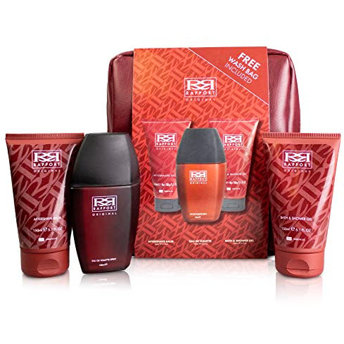 Dana Rapport Gift Set featuring 100ml EDT, 150ml Aftershave Balm, 150ml Shower Gel, and stylish wash bag.