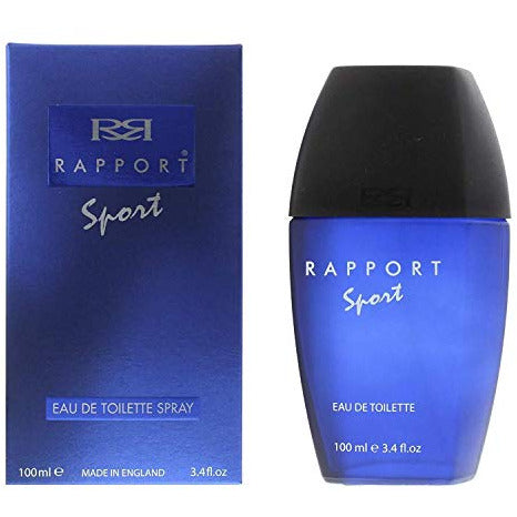 A sleek bottle of Rapport Sport Eau de Toilette, designed for active individuals, featuring a modern and stylish design.