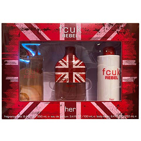 FCUK Rebel For Her Gift Set featuring 100ml EDT, 250ml body lotion, and 250ml fragrance mist in elegant packaging.