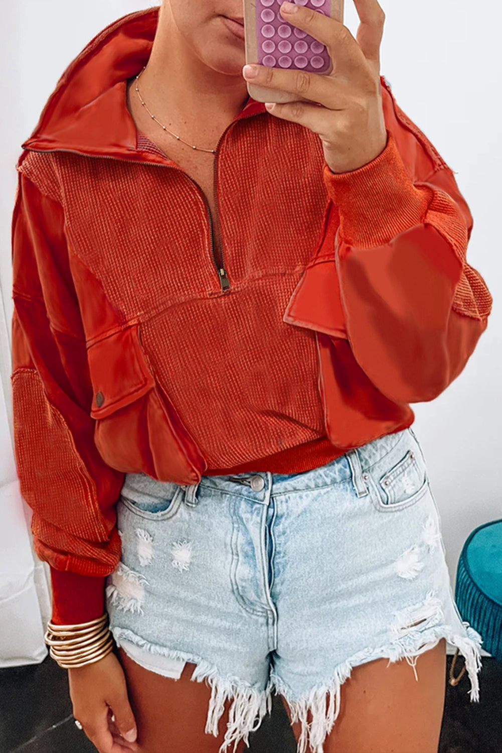 Red Dahlia Mineral Wash Zip Up Sweatshirt featuring a collared neck, zipper front, and dual pockets in a stylish chunky fit.