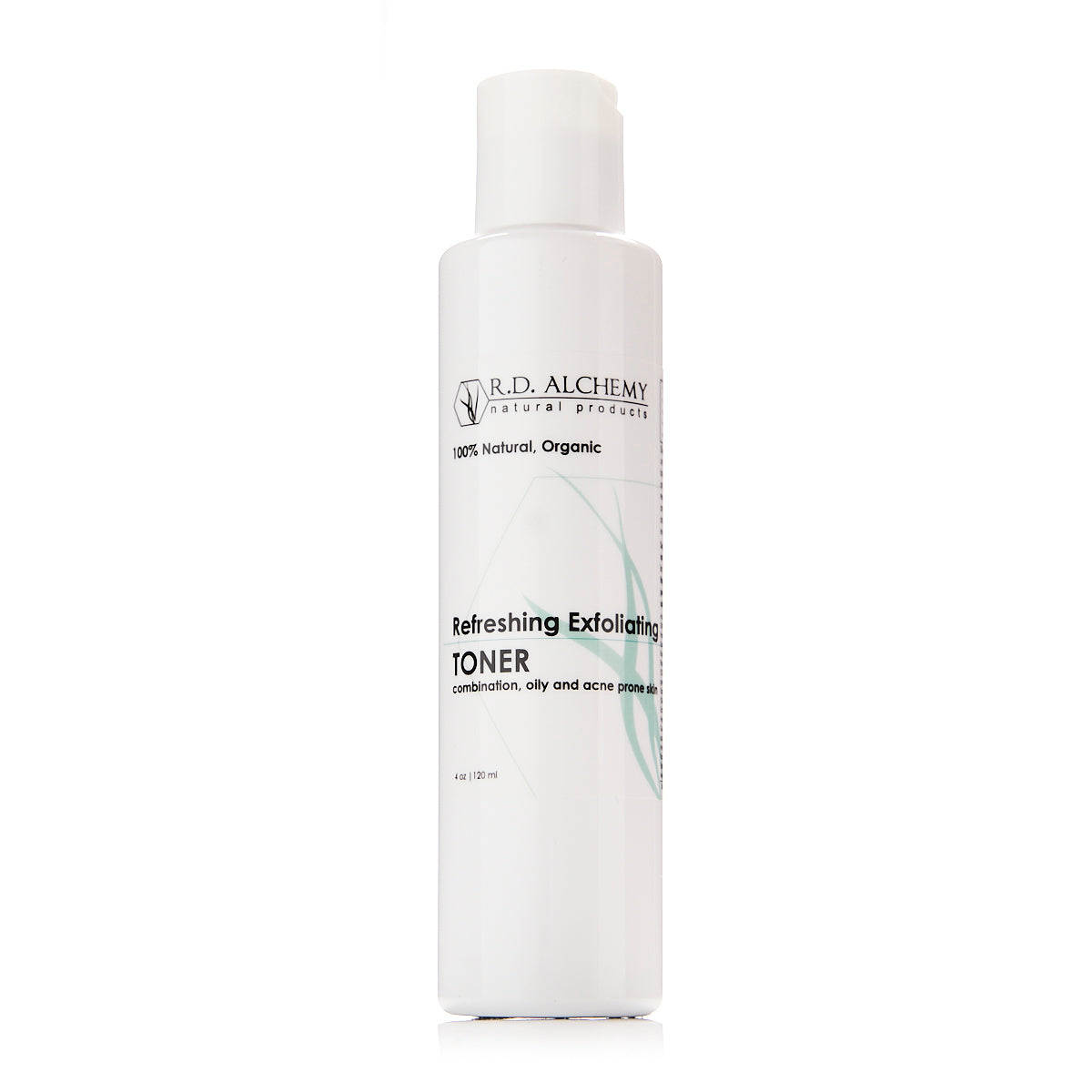 A bottle of Refreshing Exfoliating Toner with a sleek design, showcasing its clear liquid and label indicating benefits for dull and acne-prone skin.