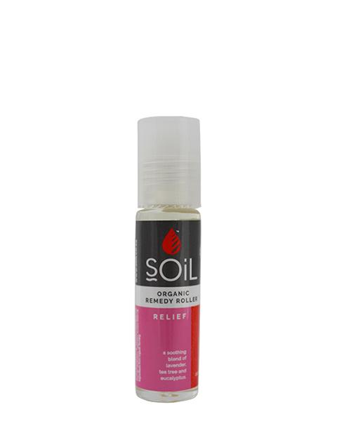 Relief - Organic Remedy Roller in a 10ml tube with a roller ball applicator, featuring a blend of organic essential oils for soothing skin relief.