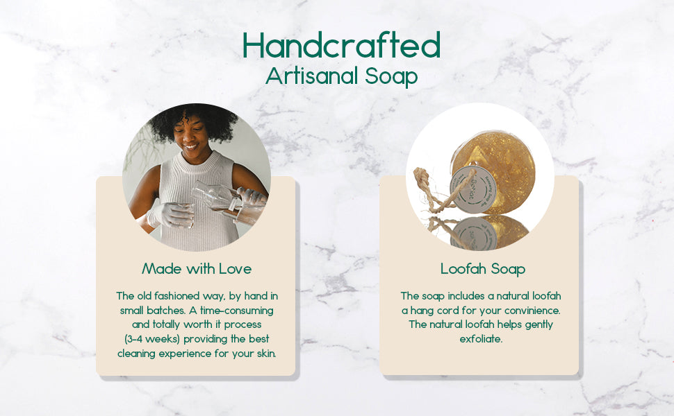 Renewing Soap Bar featuring chamomile, honey, and coconut oil with a natural loofah for gentle exfoliation.