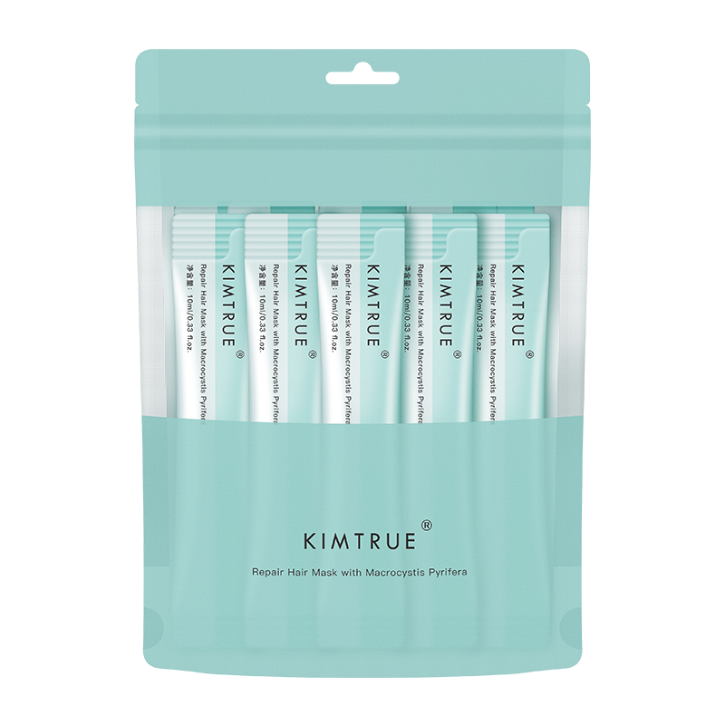 Kimtrue Repair Hair Mask with Macrocystis Pyrifera in individual 10ml sachets, designed for nourishing and repairing damaged hair.