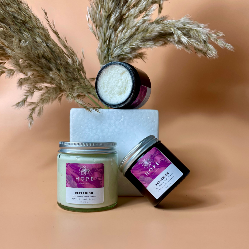 Replenish Anti Ageing Night Cream in a sleek jar with a silky texture, featuring notes of Coconut, Neroli, and Hibiscus.