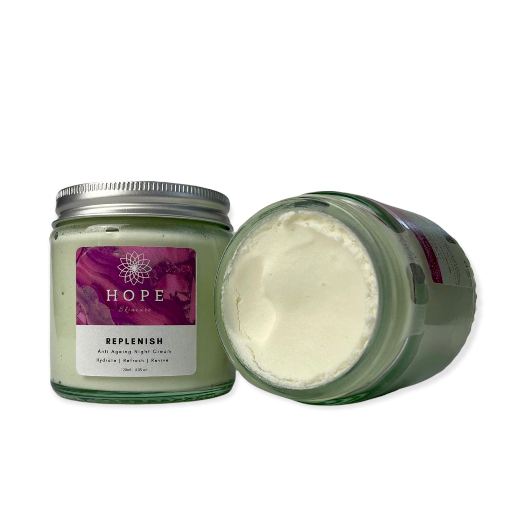 Replenish Anti Ageing Night Cream in a sleek jar with a silky texture, featuring notes of Coconut, Neroli, and Hibiscus.