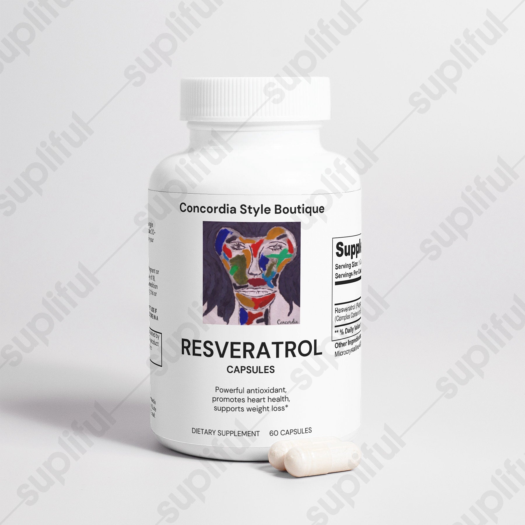 Bottle of Resveratrol 50% (600 mg) dietary supplement with 60 vegetarian capsules, highlighting antioxidant properties.