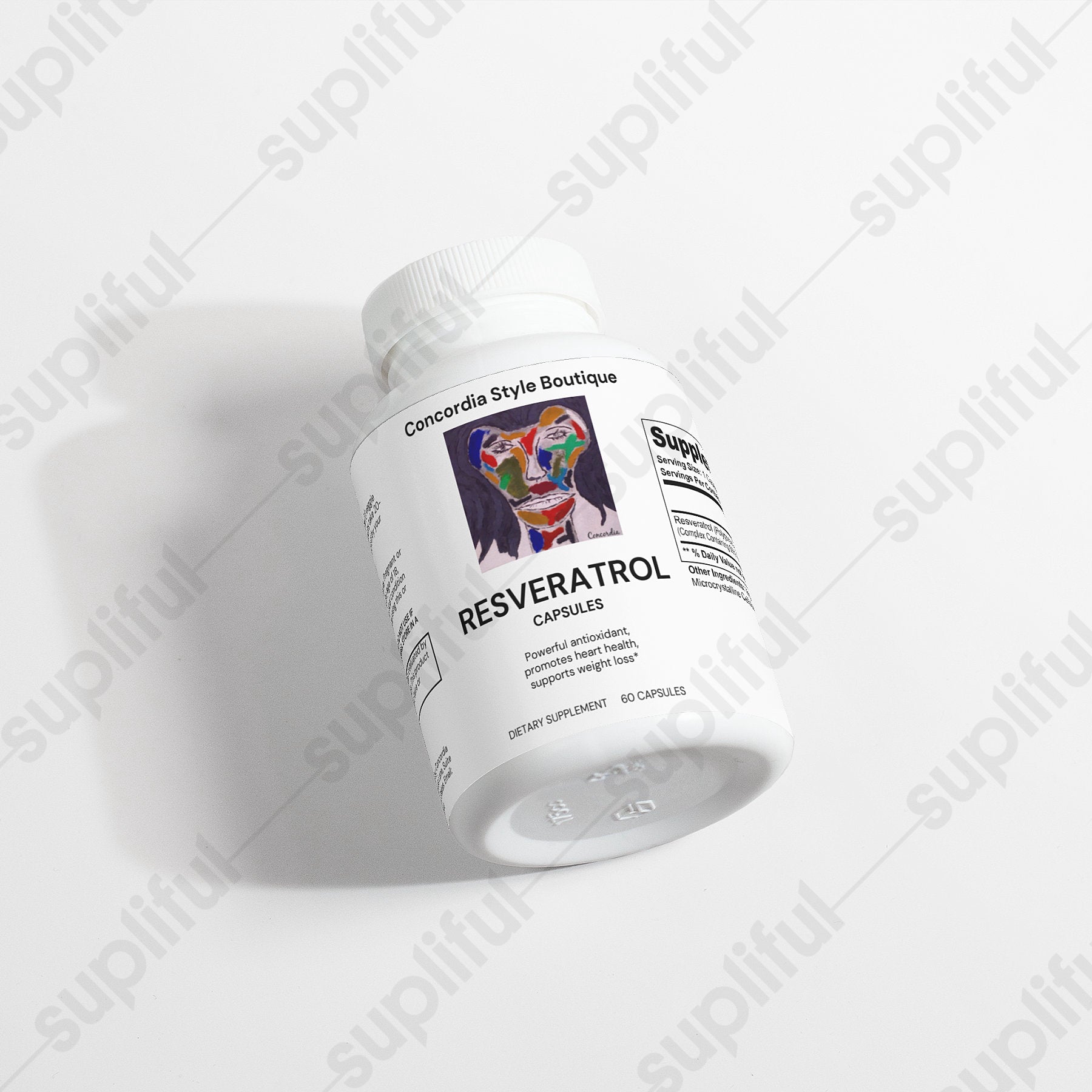 Bottle of Resveratrol 50% (600 mg) dietary supplement with 60 vegetarian capsules, highlighting antioxidant properties.