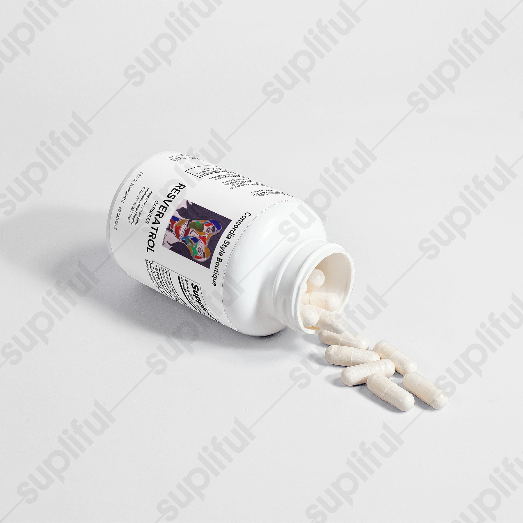 Bottle of Resveratrol 50% (600 mg) dietary supplement with 60 vegetarian capsules, highlighting antioxidant properties.