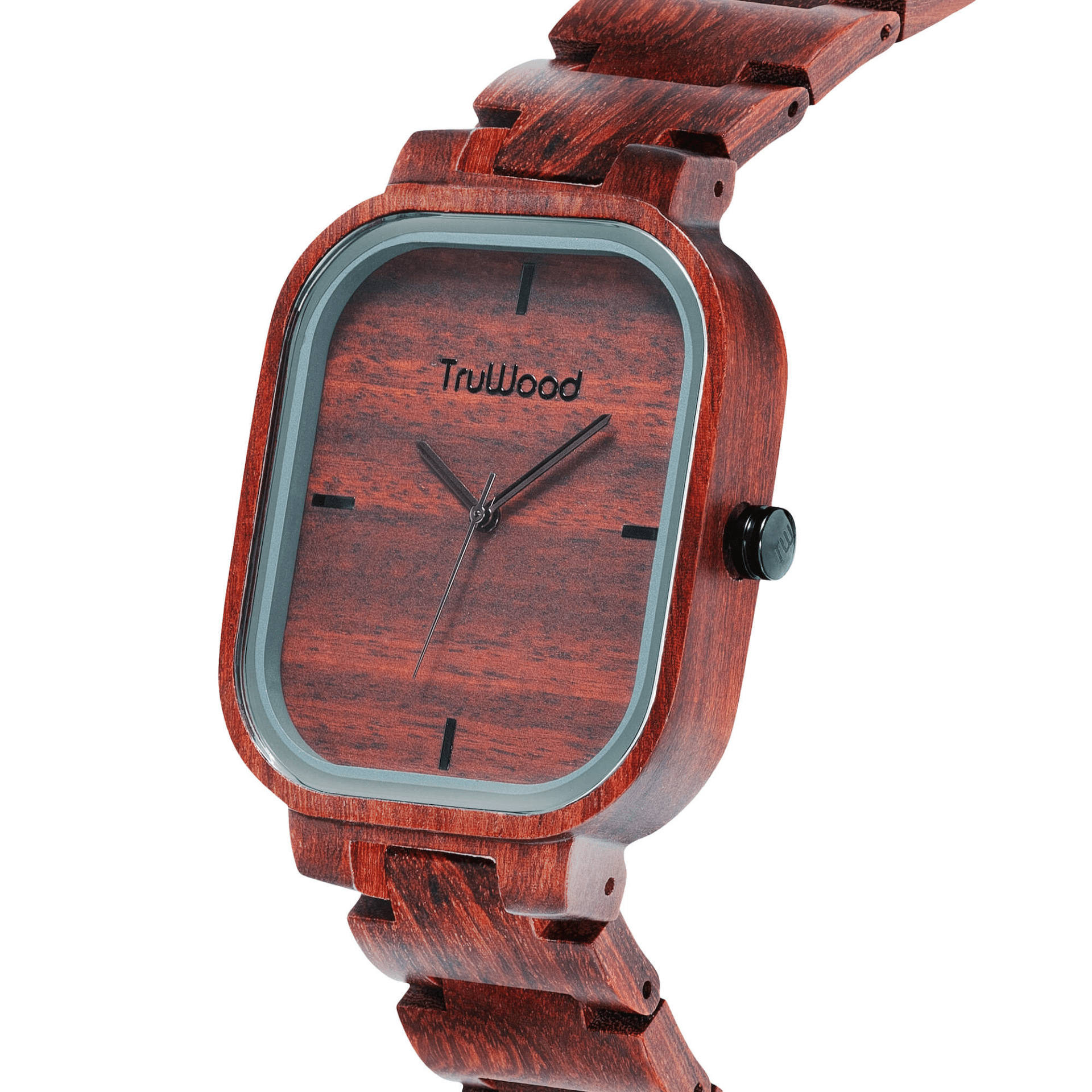 TruWood Ridge Wrist Watch featuring a red sandalwood dial and black accents, showcasing its unique design and craftsmanship.