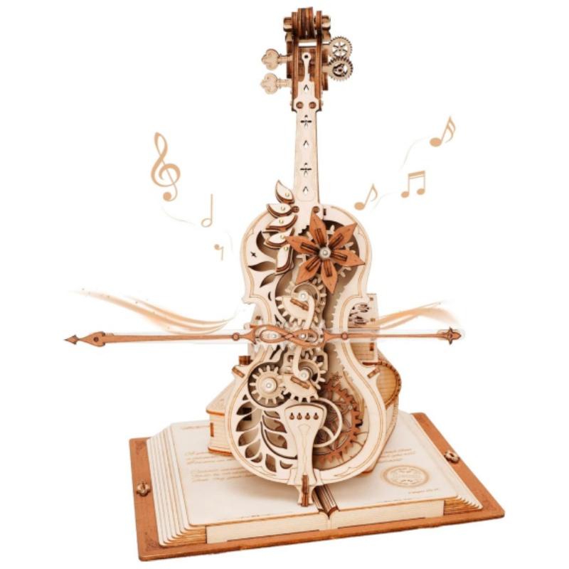 ROBOTIME Magic Cello AMK63 wooden music box puzzle featuring intricate design and clockwork mechanism.