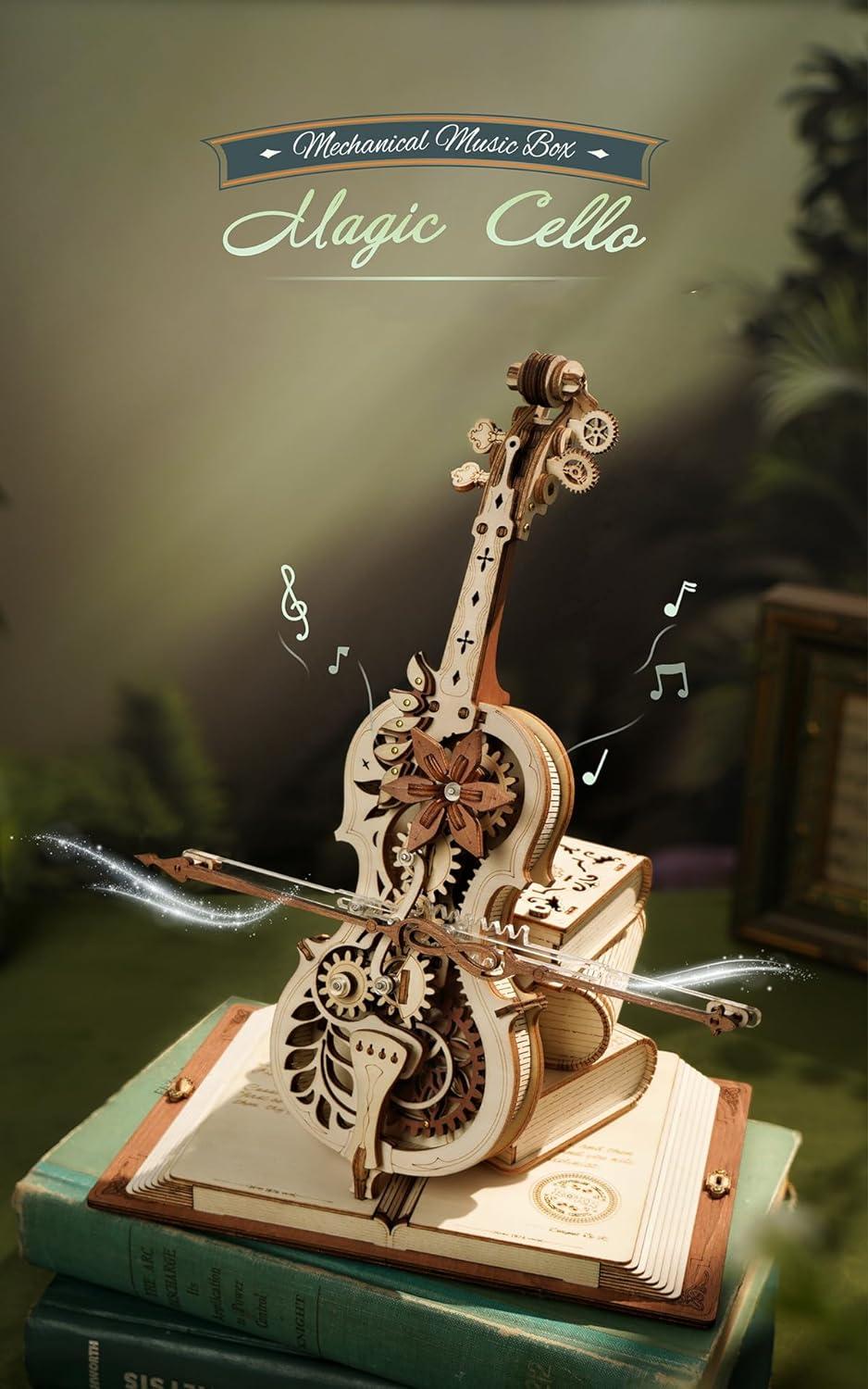 ROBOTIME Magic Cello AMK63 wooden music box puzzle featuring intricate design and clockwork mechanism.