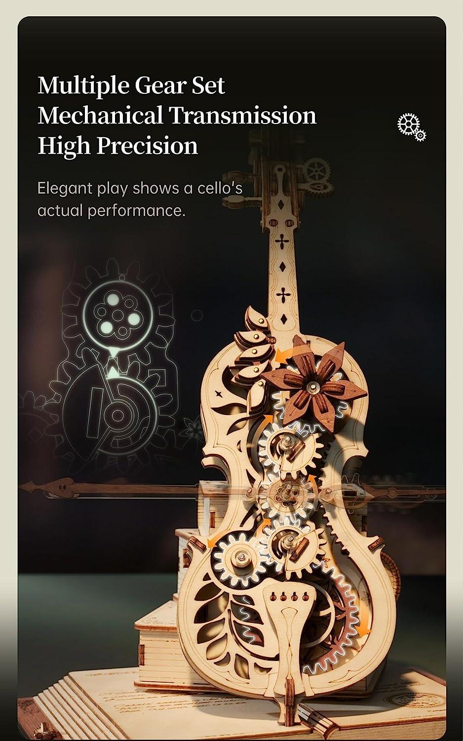 ROBOTIME Magic Cello AMK63 wooden music box puzzle featuring intricate design and clockwork mechanism.