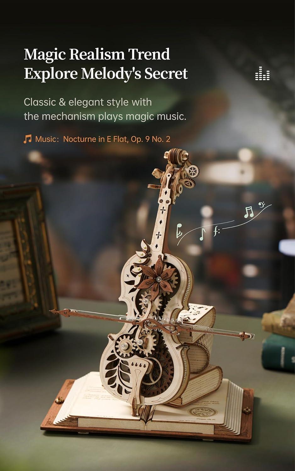 ROBOTIME Magic Cello AMK63 wooden music box puzzle featuring intricate design and clockwork mechanism.