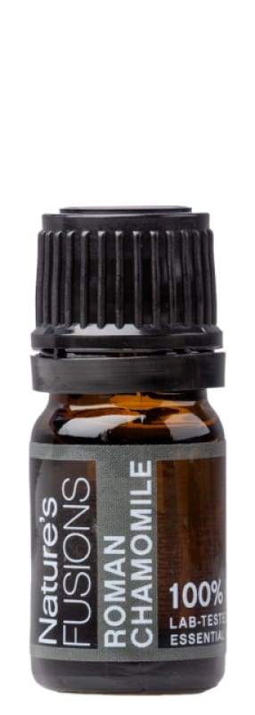 A 5ml bottle of Roman Chamomile Pure Essential Oil with a rich aroma, featuring a delicate floral design.