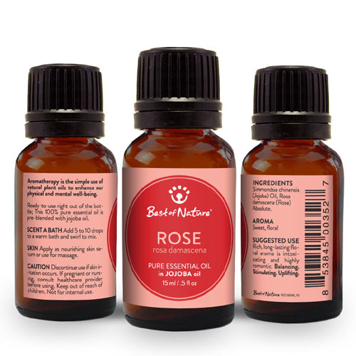 A bottle of Rose Absolute Essential Oil blended with Jojoba Oil, showcasing its elegant design and rich floral aroma.