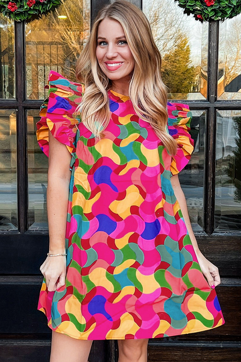 Rose Red Abstract Print Ruffle Sleeve Shift Dress displayed on a mannequin, showcasing its vibrant color and ruffle sleeve design.