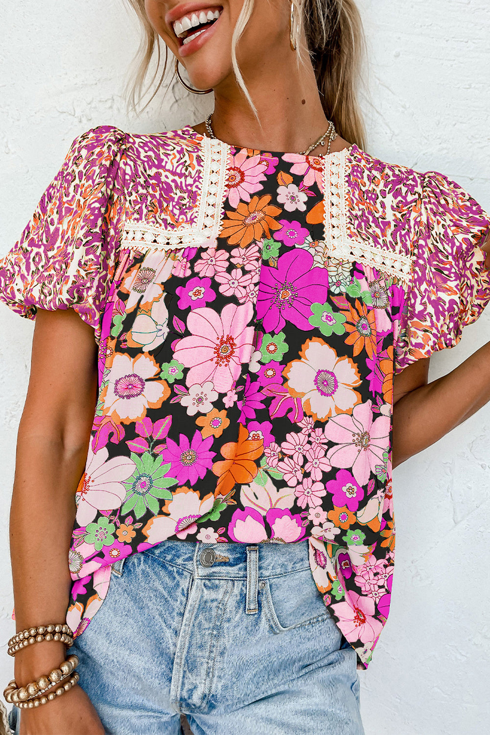 Rose Red Bubble Sleeve Blouse with Lace Trim and Floral Mixed Print, showcasing vibrant colors and stylish design.